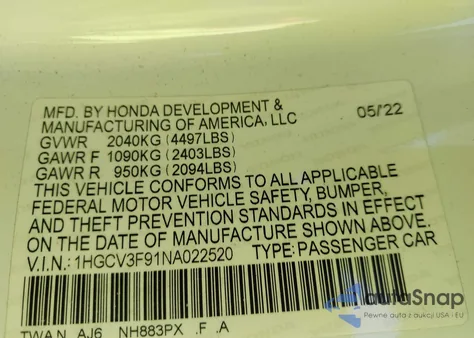 2022 Honda Accord Hybrid Touring from USA, damaged, VIN 1HGCV3F91NA022520